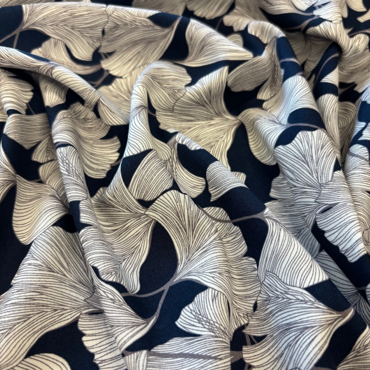 Viscose - Navy Ginkgo Leaves
