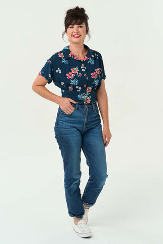 Ditsy L S Blouse Dusty Blue Aop Viola